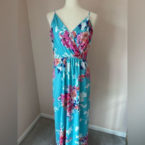 Yumi Kim Cleo silky maxi dress turquoise floral  with pockets, belt sz L - Picture 1 of 16